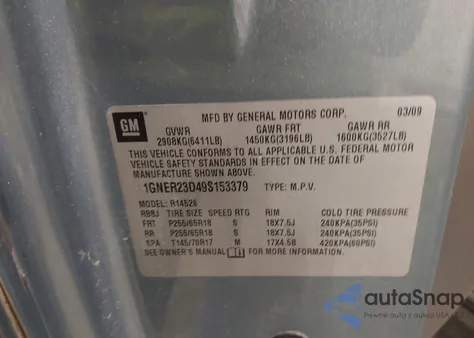 2009 Chevrolet Traverse Lt из США, поврежденный, VIN 1GNER23D49S153379